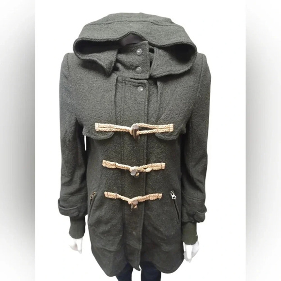 Free People EUC Dark Green Hooded Wool Blend Coat Size S/P - Picture 3 of 12